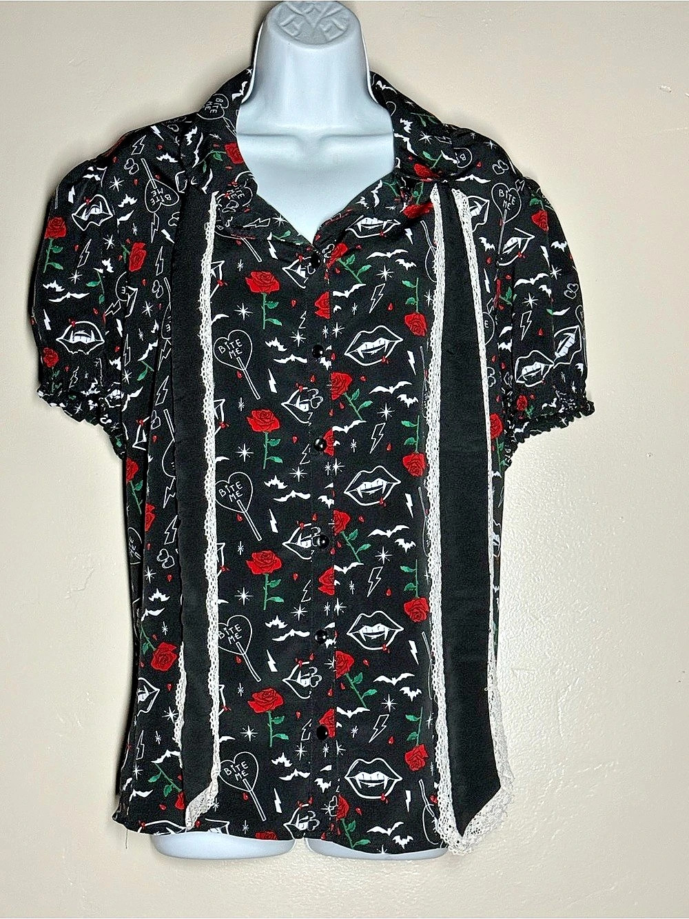 Hell Bunny Lilith Blouse Black & Red Size 3XL Button Down
